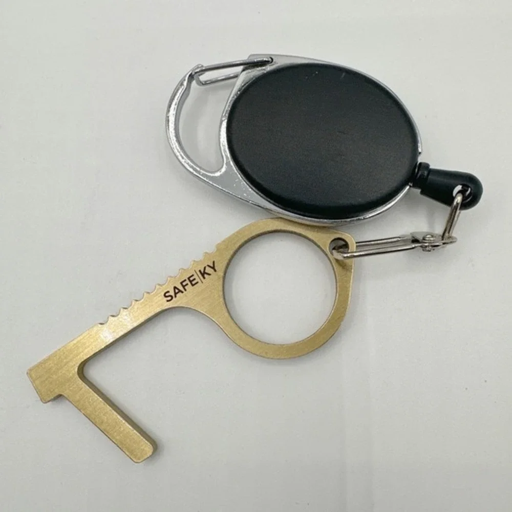 Safe-Ky Brass Touchless Door Opener Tool Retractable Reel‎ Keychain Clip J-01